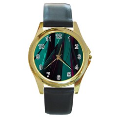 Abstract Green Purple Round Gold Metal Watch by Nexatart