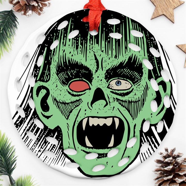 Zombie Face Vector Clipart Round Filigree Ornament (Two Sides)