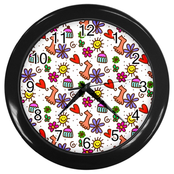 Doodle Pattern Wall Clocks (Black)