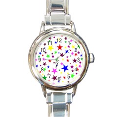 Stars Pattern Background Colorful Red Blue Pink Round Italian Charm Watch by Nexatart