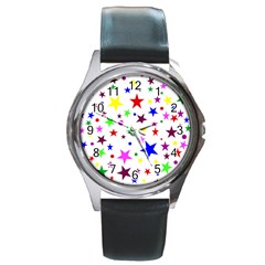 Stars Pattern Background Colorful Red Blue Pink Round Metal Watch by Nexatart