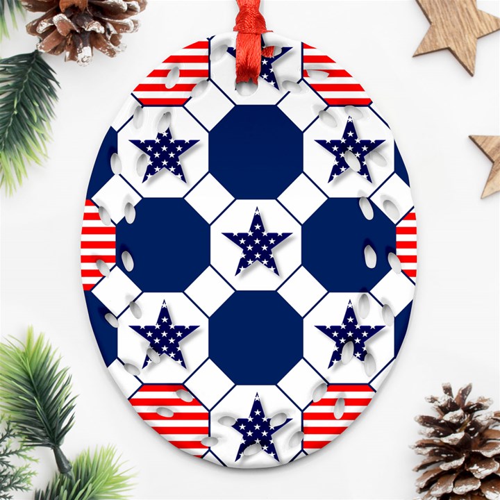 Patriotic Symbolic Red White Blue Oval Filigree Ornament (Two Sides)