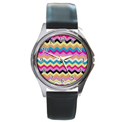 Chevrons Pattern Art Background Round Metal Watch