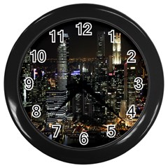 City At Night Lights Skyline Wall Clocks (black) by Nexatart