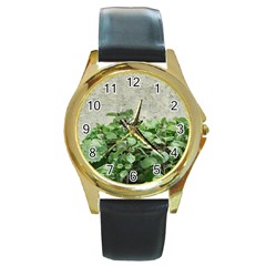 Plants Against Concrete Wall Background Round Gold Metal Watch