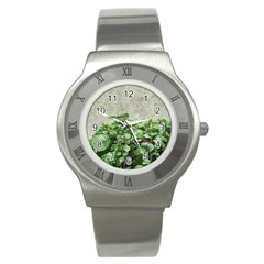 Plants Against Concrete Wall Background Stainless Steel Watch