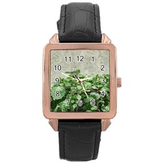 Plants Against Concrete Wall Background Rose Gold Leather Watch 