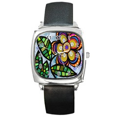 Folk Art Flower Square Metal Watch by Nexatart