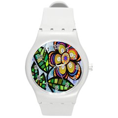 Folk Art Flower Round Plastic Sport Watch (m)