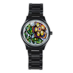 Folk Art Flower Stainless Steel Round Watch