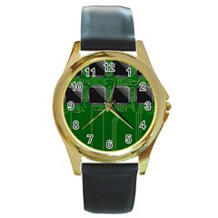 Green Circuit Board Pattern Round Gold Metal Watch