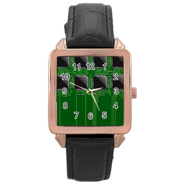 Green Circuit Board Pattern Rose Gold Leather Watch 