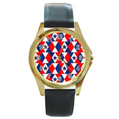 Patriotic Red White Blue 3d Stars Round Gold Metal Watch by Nexatart