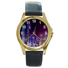 Raised Building Frame Round Gold Metal Watch by Nexatart