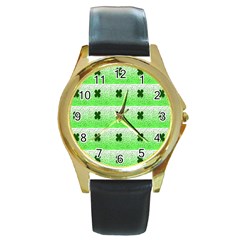 Shamrock Pattern Background Round Gold Metal Watch