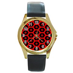 Red Bee Hive Texture Round Gold Metal Watch by Nexatart