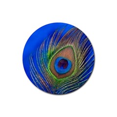 Blue Peacock Feather Rubber Round Coaster (4 pack) 