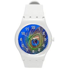 Blue Peacock Feather Round Plastic Sport Watch (M)