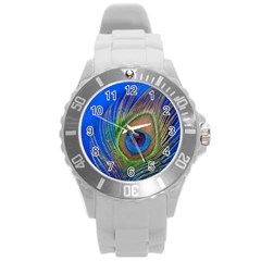 Blue Peacock Feather Round Plastic Sport Watch (L)