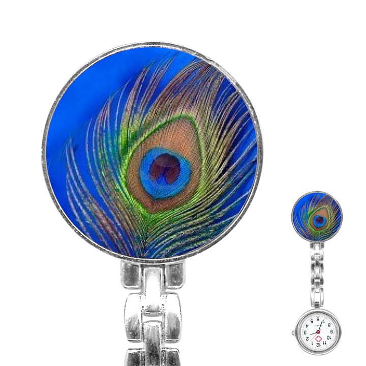 Blue Peacock Feather Stainless Steel Nurses Watch