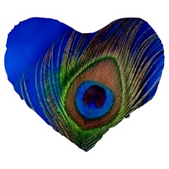 Blue Peacock Feather Large 19  Premium Flano Heart Shape Cushions