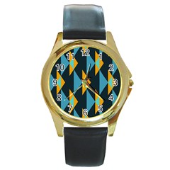 Yellow Blue Triangles Pattern                                                        			round Gold Metal Watch by LalyLauraFLM