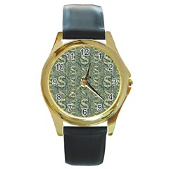 Money Symbol Ornament Round Gold Metal Watch