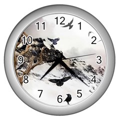 Birds Crows Black Ravens Wing Wall Clocks (silver)  by Amaryn4rt