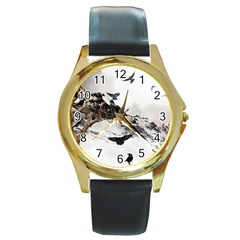 Birds Crows Black Ravens Wing Round Gold Metal Watch by Amaryn4rt