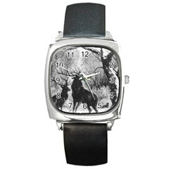 Stag Deer Forest Winter Christmas Square Metal Watch by Amaryn4rt