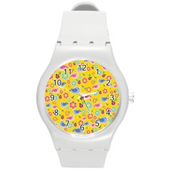 Spring Pattern - Yellow Round Plastic Sport Watch (m) by Valentinaart