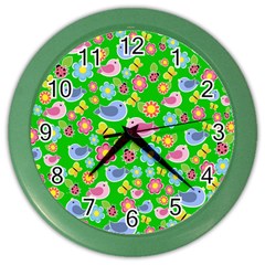 Spring Pattern - Green Color Wall Clocks by Valentinaart