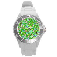 Spring Pattern - Green Round Plastic Sport Watch (l) by Valentinaart