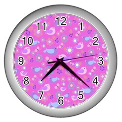 Spring Pattern - Pink Wall Clocks (silver)  by Valentinaart