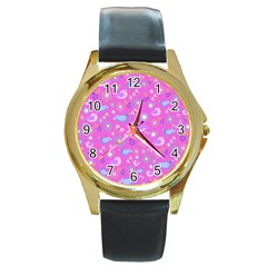 Spring Pattern - Pink Round Gold Metal Watch by Valentinaart