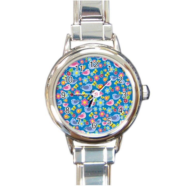 Spring pattern - blue Round Italian Charm Watch