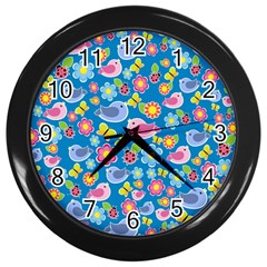 Spring Pattern - Blue Wall Clocks (black) by Valentinaart