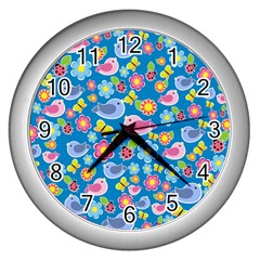 Spring Pattern - Blue Wall Clocks (silver)  by Valentinaart