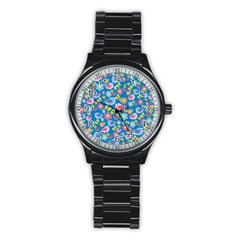 Spring Pattern - Blue Stainless Steel Round Watch by Valentinaart