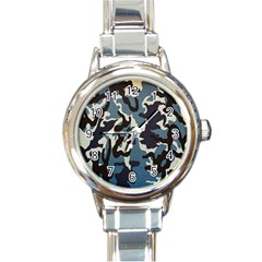 Blue Water Camouflage Round Italian Charm Watch by Nexatart