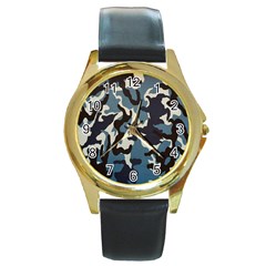 Blue Water Camouflage Round Gold Metal Watch by Nexatart