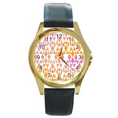 Geometric Abstract Orange Purple Pattern Round Gold Metal Watch by Nexatart