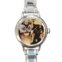 Owl And Black Cat Round Italian Charm Watch by Nexatart