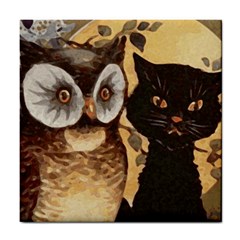 Owl And Black Cat Tile Coasters