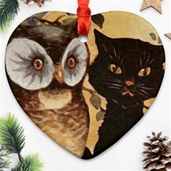 Owl And Black Cat Ornament (heart) by Nexatart