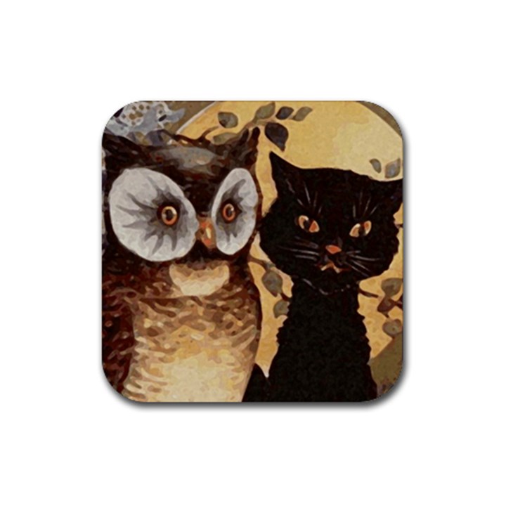 Owl And Black Cat Rubber Coaster (Square) 