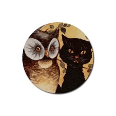 Owl And Black Cat Rubber Coaster (round)  by Nexatart