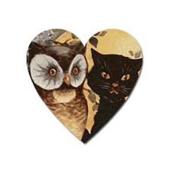 Owl And Black Cat Heart Magnet by Nexatart