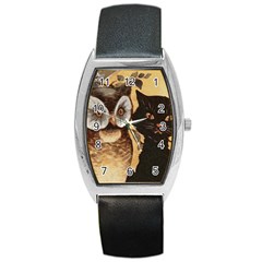 Owl And Black Cat Barrel Style Metal Watch