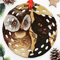 Owl And Black Cat Round Filigree Ornament (two Sides)